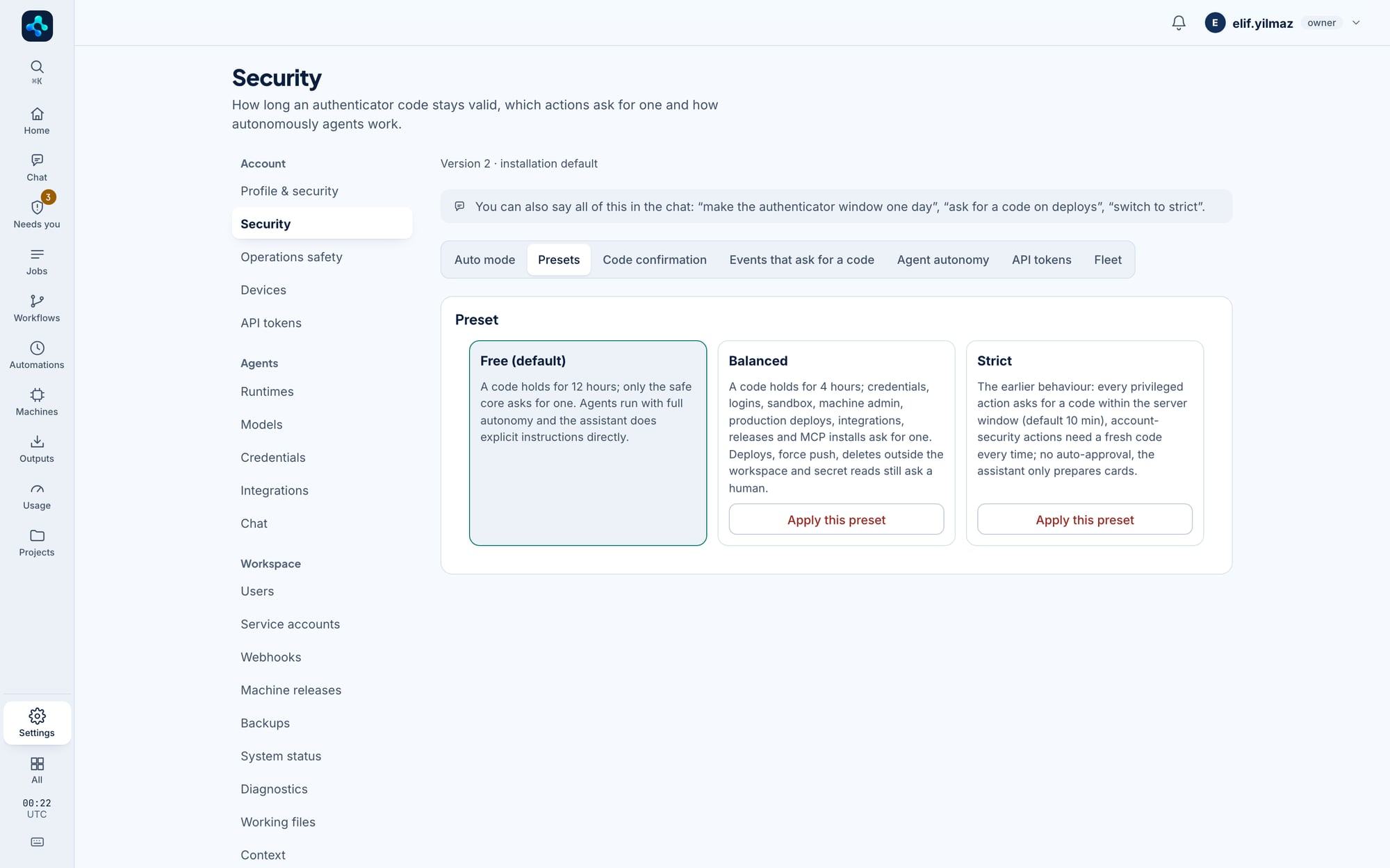 Security settings: the Serbest (free), Dengeli (balanced) and Sıkı (strict) presets.